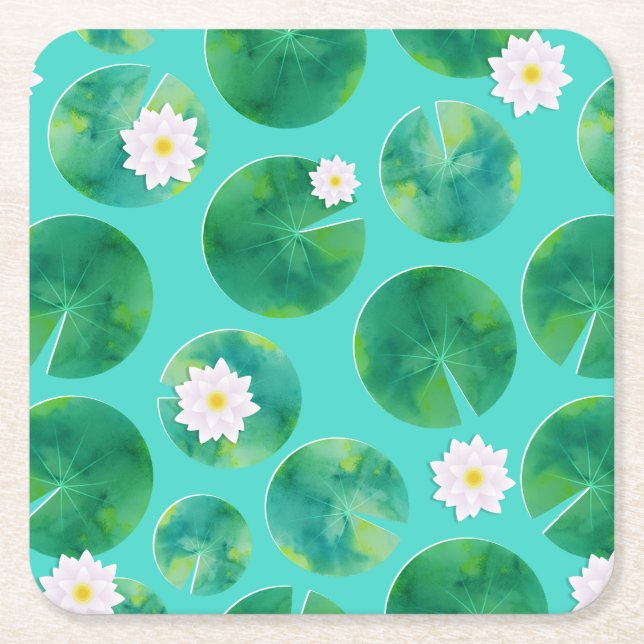 White Water Lily Flowers & Lily Pad Pattern Square Paper Coaster (Front)