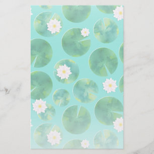 White Water Lily Flowers & Lily Pad Pattern Stationery