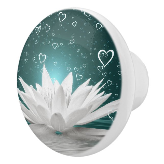 White Water Lily Lotus Flower Hearts Dresser Ceramic Knob (Right)