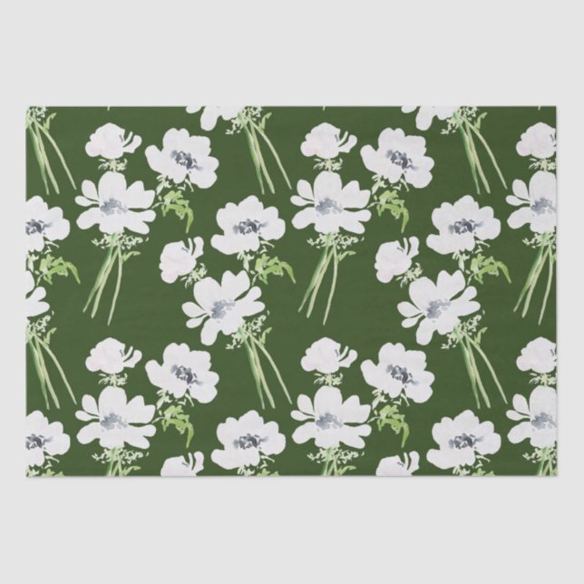 White watercolor anemone flowers on green tissue paper (Front)