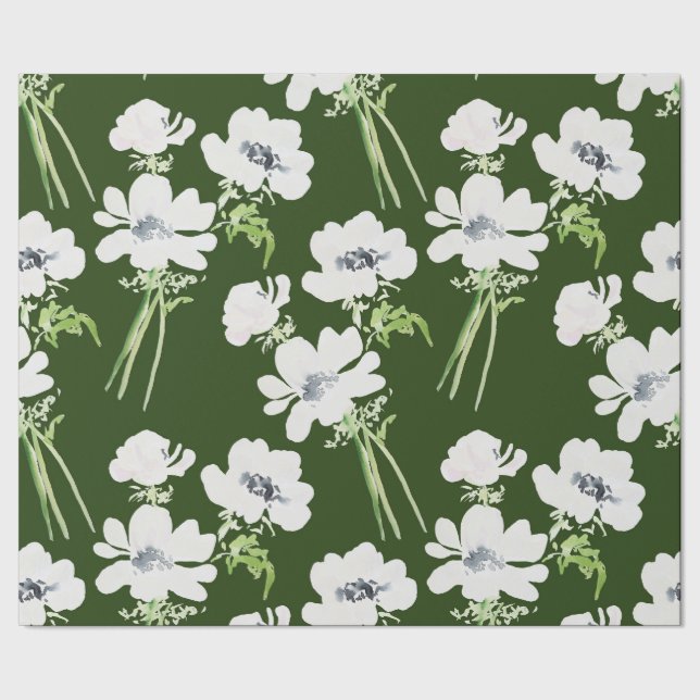 White watercolor anemone flowers on green wrapping paper (Seam)