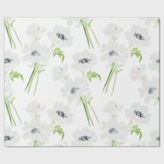 White watercolor anemone flowers on white wrapping paper
