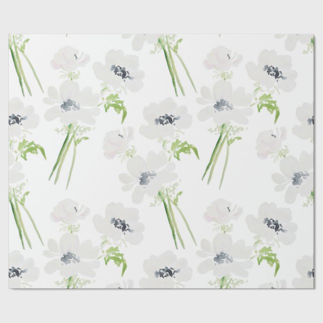 White watercolor anemone flowers on white wrapping paper (Seam)