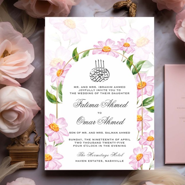 White Watercolor Botanical Islamic Muslim Wedding Invitation (Creator Uploaded)