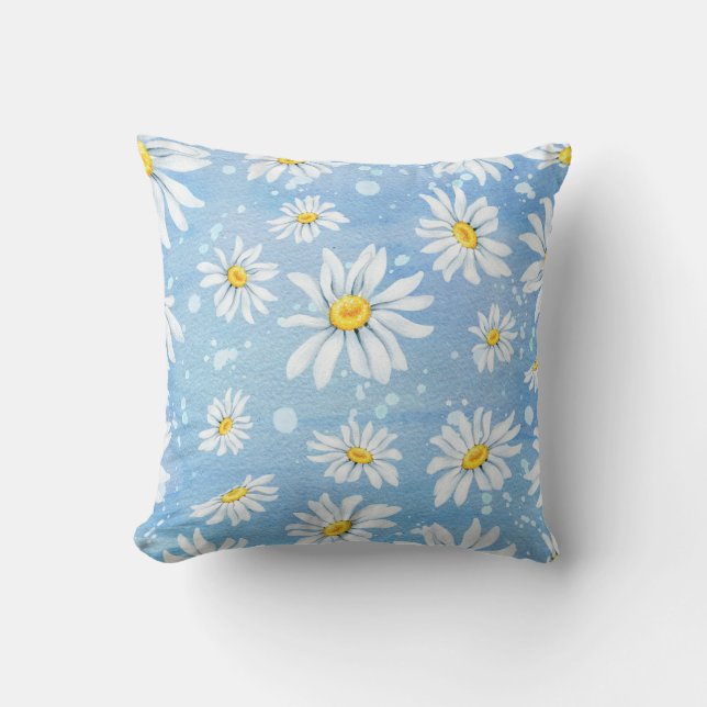 White Watercolor Daisies Cushion (Front)