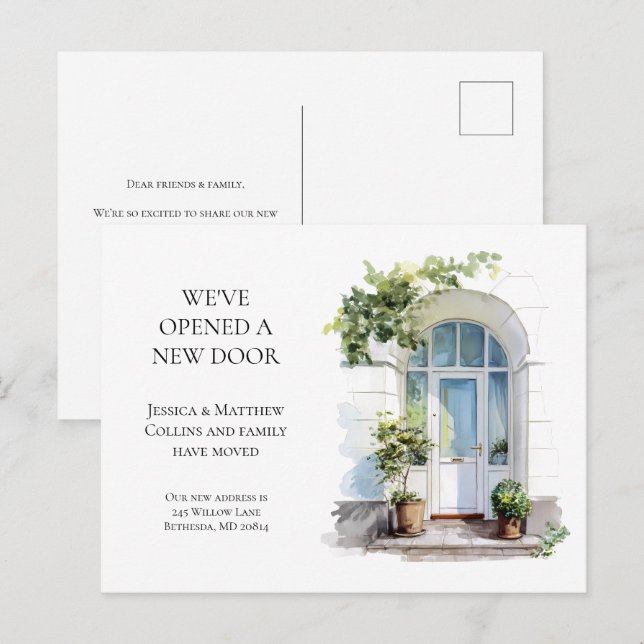 White Watercolor Door New Home Moving Announcement Postcard (Front/Back)