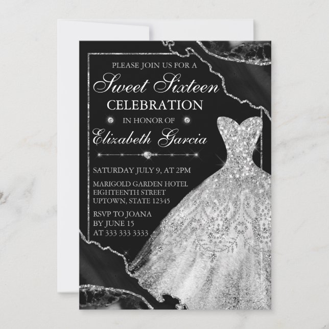 White Watercolor Dress & Glitter Agate Sweet 16 Invitation (Front)