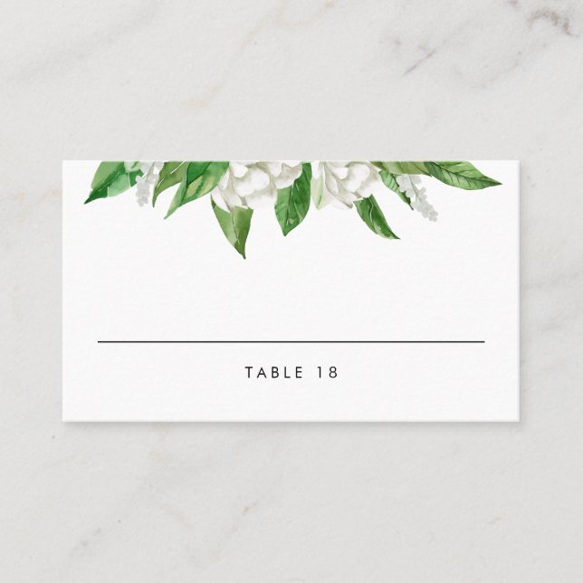 White Watercolor Floral Blooms Greenery Wedding Place Card (Front)