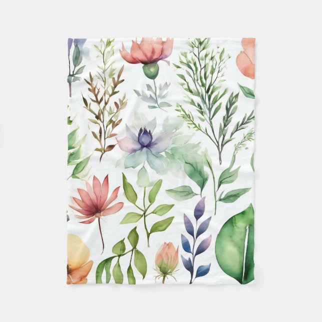 White Watercolor Floral Botanical Garden Fleece Blanket (Front)