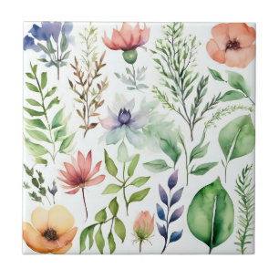 White Watercolor Floral Botanical Garden Tile