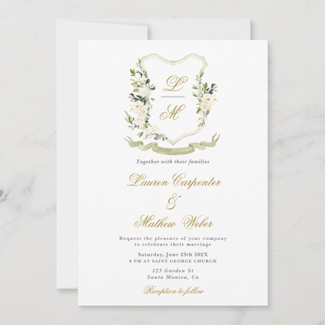 White Watercolor Floral Crest Wedding invitation (Front)