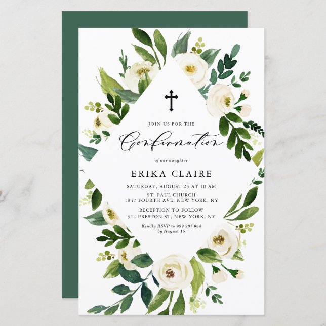 White Watercolor Floral Frame Confirmation Invite (Front/Back)