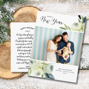 White Watercolor Floral New Year Family Photo Postcard