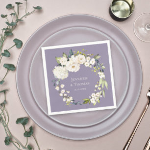 White Watercolor Floral on Lavender Wedding Napkin