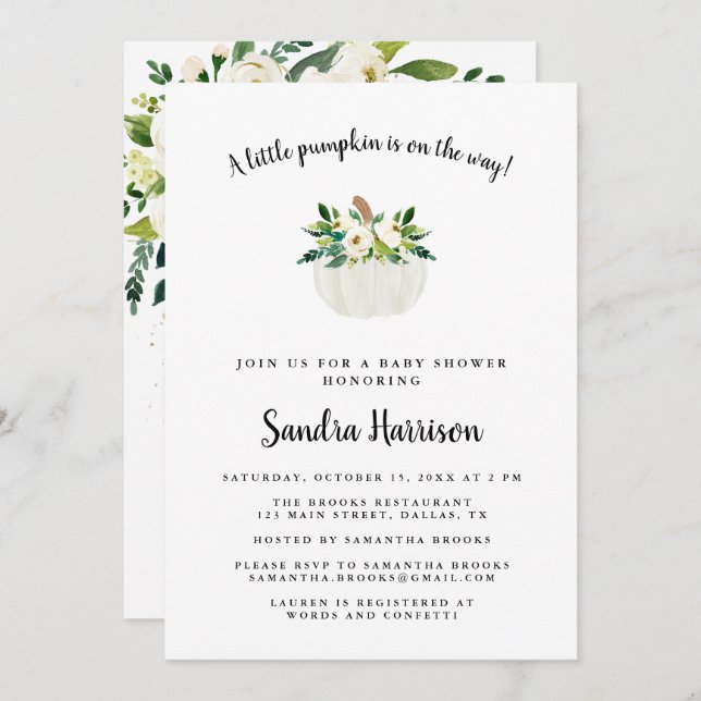 White Watercolor Floral Pumpkin Baby Shower Invitation (Front/Back)