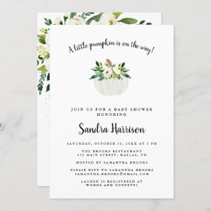 White Watercolor Floral Pumpkin Baby Shower Invitation