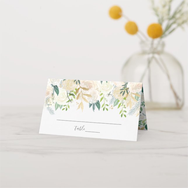 White Watercolor Floral Wedding Place Card (Front)