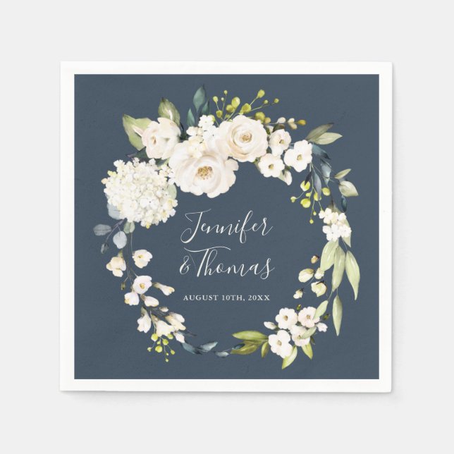 White Watercolor Floral Wreath on Navy Wedding Napkin (Front)