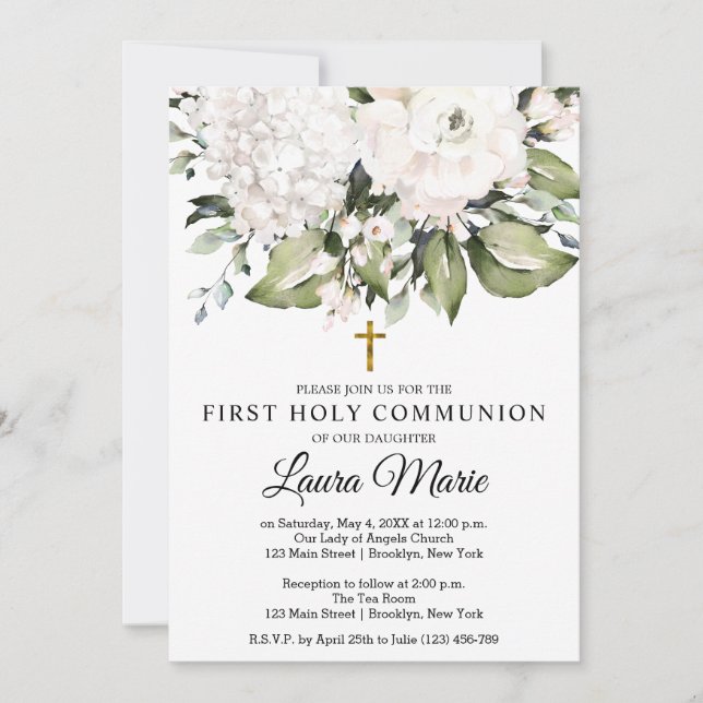 White Watercolor Florals First Holy Communion Invitation (Front)