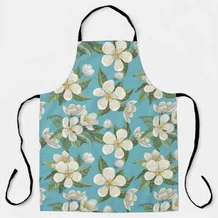 White Watercolor Flowers Green Leaves Apron