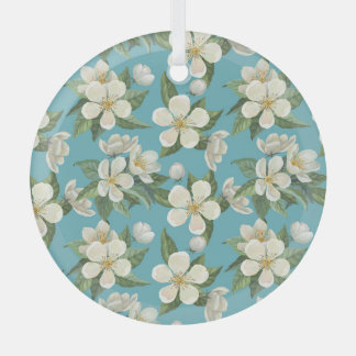 White Watercolor Flowers Green Leaves Glass Tree Decoration