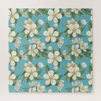 White Watercolor Flowers Green Leaves Jigsaw Puzzle