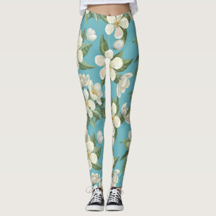White Watercolor Flowers Green Leaves Leggings