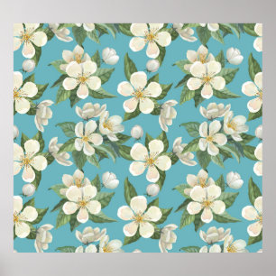 White Watercolor Flowers Green Leaves Poster