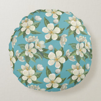 White Watercolor Flowers Green Leaves Round Cushion