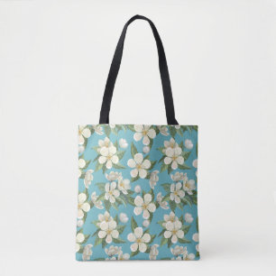 White Watercolor Flowers Green Leaves Tote Bag