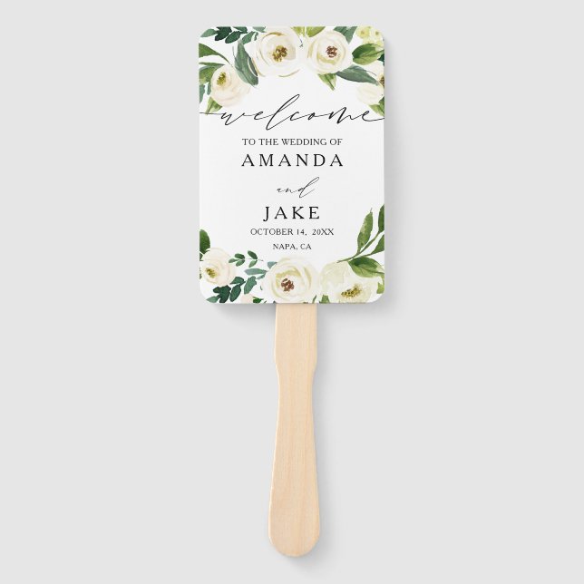 White Watercolor Flowers Greenery Wedding Welcome Hand Fan (Front)