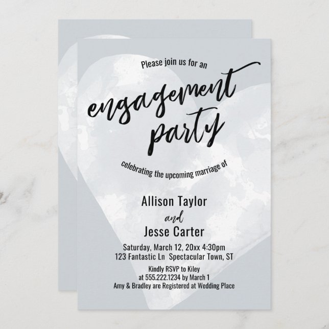 White Watercolor Heart Engagement Party Light Grey Invitation (Front/Back)