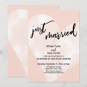 White Watercolor Heart Just Married on Blush Invitation