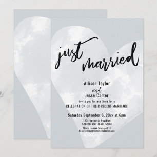 White Watercolor Heart Just Married on Grey Invitation