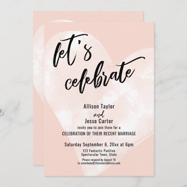 White Watercolor Heart Let's Celebrate Blush Pink Invitation (Front/Back)