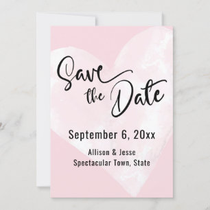 White Watercolor Heart on Pink Save the Date Card