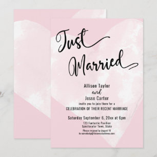 White Watercolor Heart Pink Just Married Script Invitation