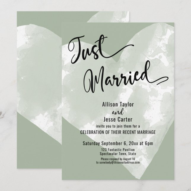White Watercolor Heart Sage Just Married Script Invitation (Front/Back)