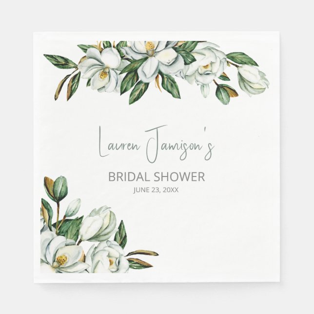 White Watercolor Magnolia Greenery Bridal Shower Napkin (Front)
