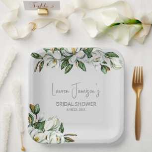 White Watercolor Magnolia Greenery Bridal Shower Paper Plate