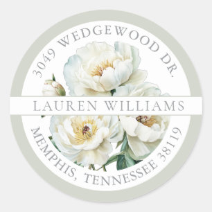 White Watercolor Peonies Feminine Return Address Classic Round Sticker