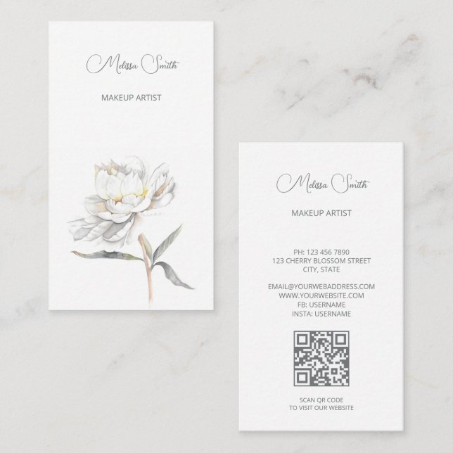 White Watercolor Peony Flower Business Card (Front/Back)
