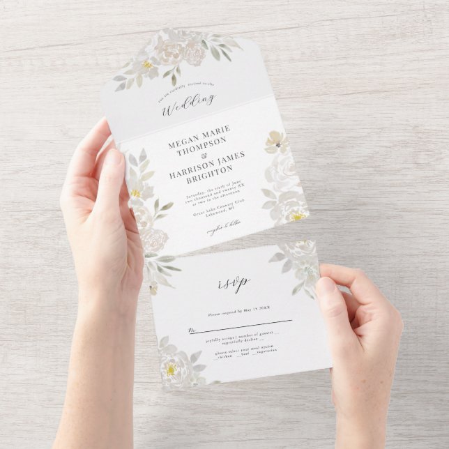 White Watercolor Peony Wedding Invitation (Tearaway)