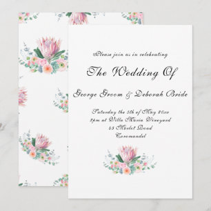 White Watercolor Protea Formal Wedding Invitation