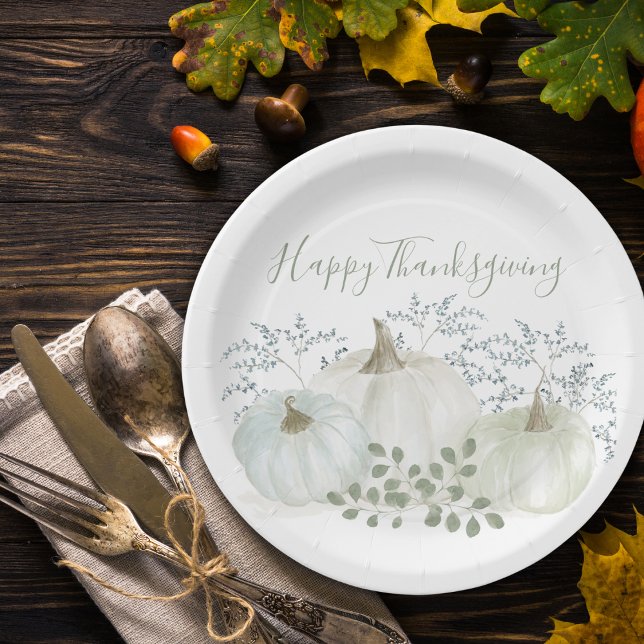 White Watercolor Pumpkins Thanksgiving Paper Plate (Creator Uploaded)