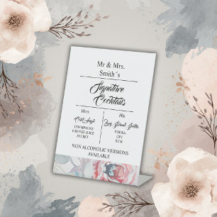 white watercolor rose signature wedding cocktail pedestal sign