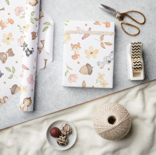 White Watercolor Woodland Animals  Wrapping Paper