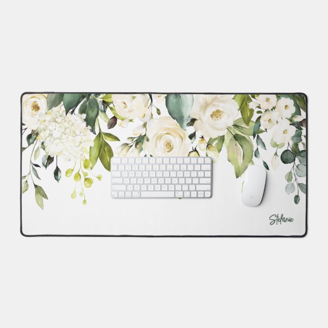 White Watercolour Hydrangea and Roses Personalised Desk Mat (Keyboard & Mouse)