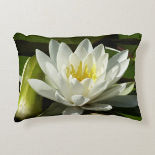 White Waterlily and Bud Floral Decorative Cushion