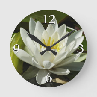 White Waterlily and Bud Floral Round Clock